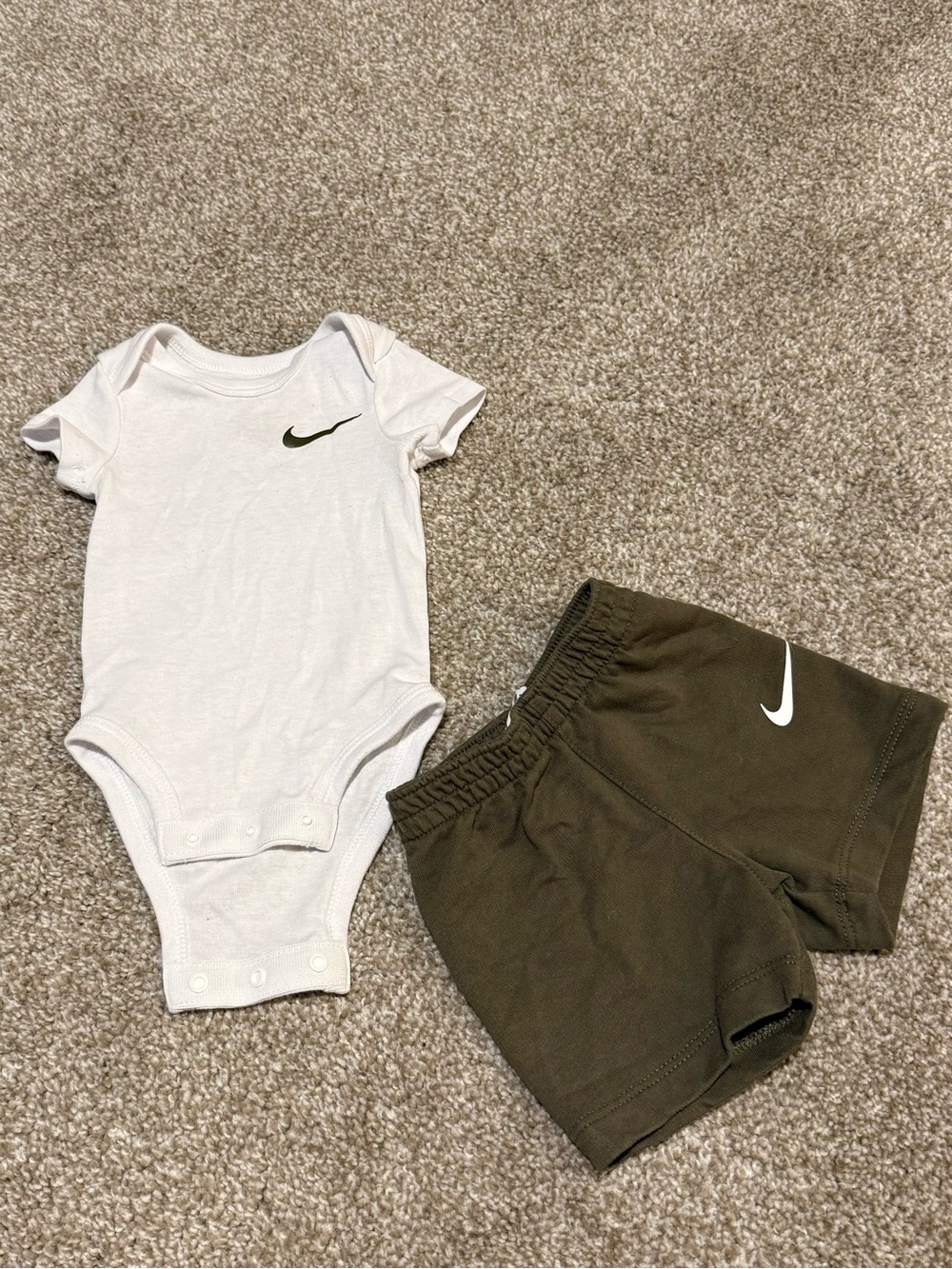 Nike White Bodysuit with Olive Green Shorts Baby Set